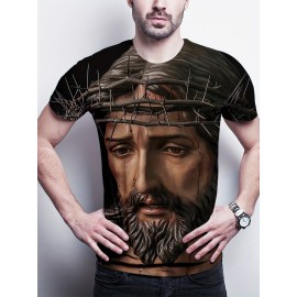 Jesus Print, Men's Graphic Design Crew Neck Active T-shirt, Casual Comfy Tees Tshirts For Summer, Men's Clothing Tops For Daily Gym Workout Running