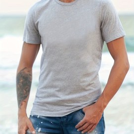 Classic Design Black Solid Top Casual Mid Stretch Short Sleeve Crew Neck Graphic T-shirt, Men's Tee For Summer Outdoor