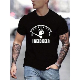 'I Need Beer' Pattern Print Men's Comfy T-shirt, Graphic Tee Men's Summer Outdoor Clothes, Men's Clothing, Tops For Men