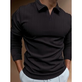 Ribbed Men's Solid Color V-neck Long Sleeve Shirt, Male Spring Fall Casual Top