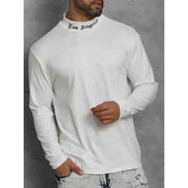 LOS ANGELES Print Men's Casual Turtleneck Long Sleeve Fit Slim T-shirt, Spring Fall