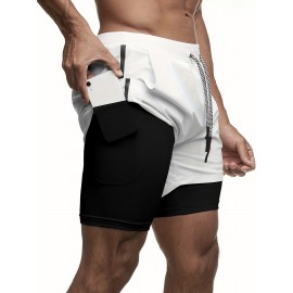 2-in-1 Double Layer Shorts With Inner Zipper Pocket, Men's High Stretch Sports Shorts For Summer Gym Workout Training