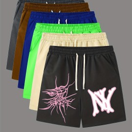 Graphic Pattern Comfy Shorts, Men's Casual Slightly Stretch Elastic Waist Drawstring Shorts For Summer Basketball Beach Resort