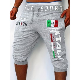 Italy Flag Letter Print Comfy Shorts, Men's Casual Solid Color Slightly Stretch Elastic Waist Drawstring Shorts For Summer