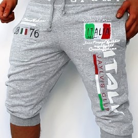 Italy Flag Letter Print Comfy Shorts, Men's Casual Solid Color Slightly Stretch Elastic Waist Drawstring Shorts For Summer
