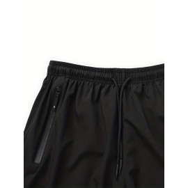 Zipper Pockets Quick Drying Comfy Active Shorts, Men's Casual Stretch Waist Drawstring Shorts For Summer