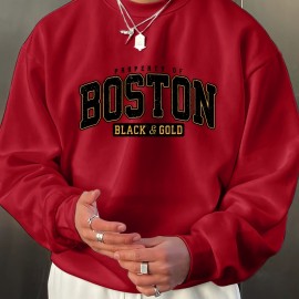 BOSTON Print Fashionable Men's Casual Long Sleeve Crew Neck Pullover Sweatshirt,Suitable For Outdoor Sports,For Autumn Spring,Can Be Paired With Hip-hop Necklace,As Gifts