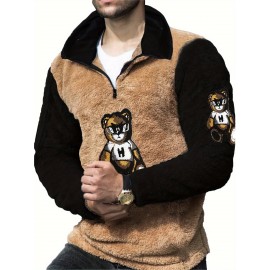 Men's Color Block Fuzzy Bear Pattern Sweatshirt, Half Zip Stand Collar Warm Pullover For Autumn Winter