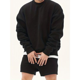 Men's Trendy Solid Sweatshirt, Casual Cotton Slightly Stretch Breathable Long Sleeve Loose Top For Outdoor
