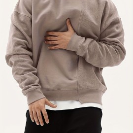 Men's Trendy Solid Sweatshirt, Casual Cotton Slightly Stretch Breathable Long Sleeve Loose Top For Outdoor