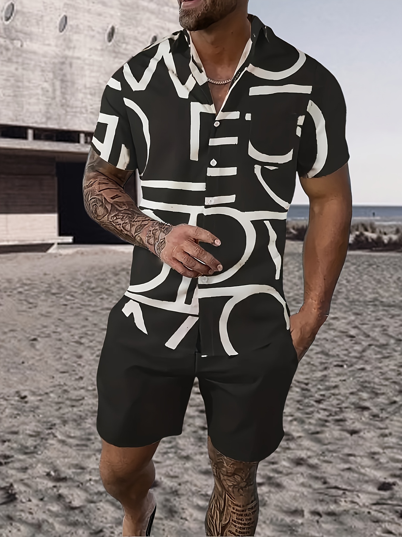 casual two piece set mens short sleeve shirt drawstring shorts matching set for summer details 0