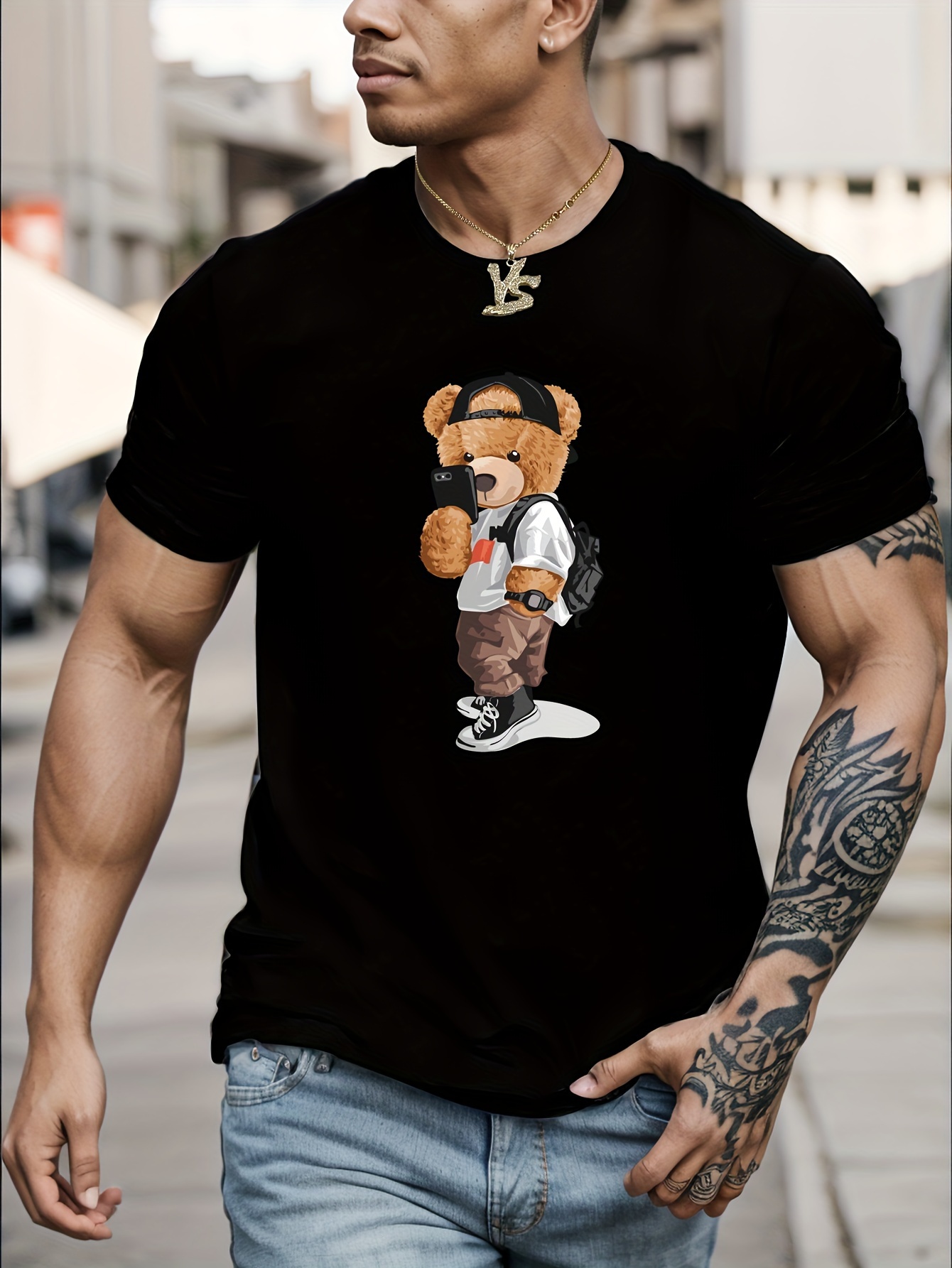 cartoon teddy bear print mens graphic design crew neck t shirt casual comfy tees tshirts for summer mens clothing tops for daily vacation resorts details 6