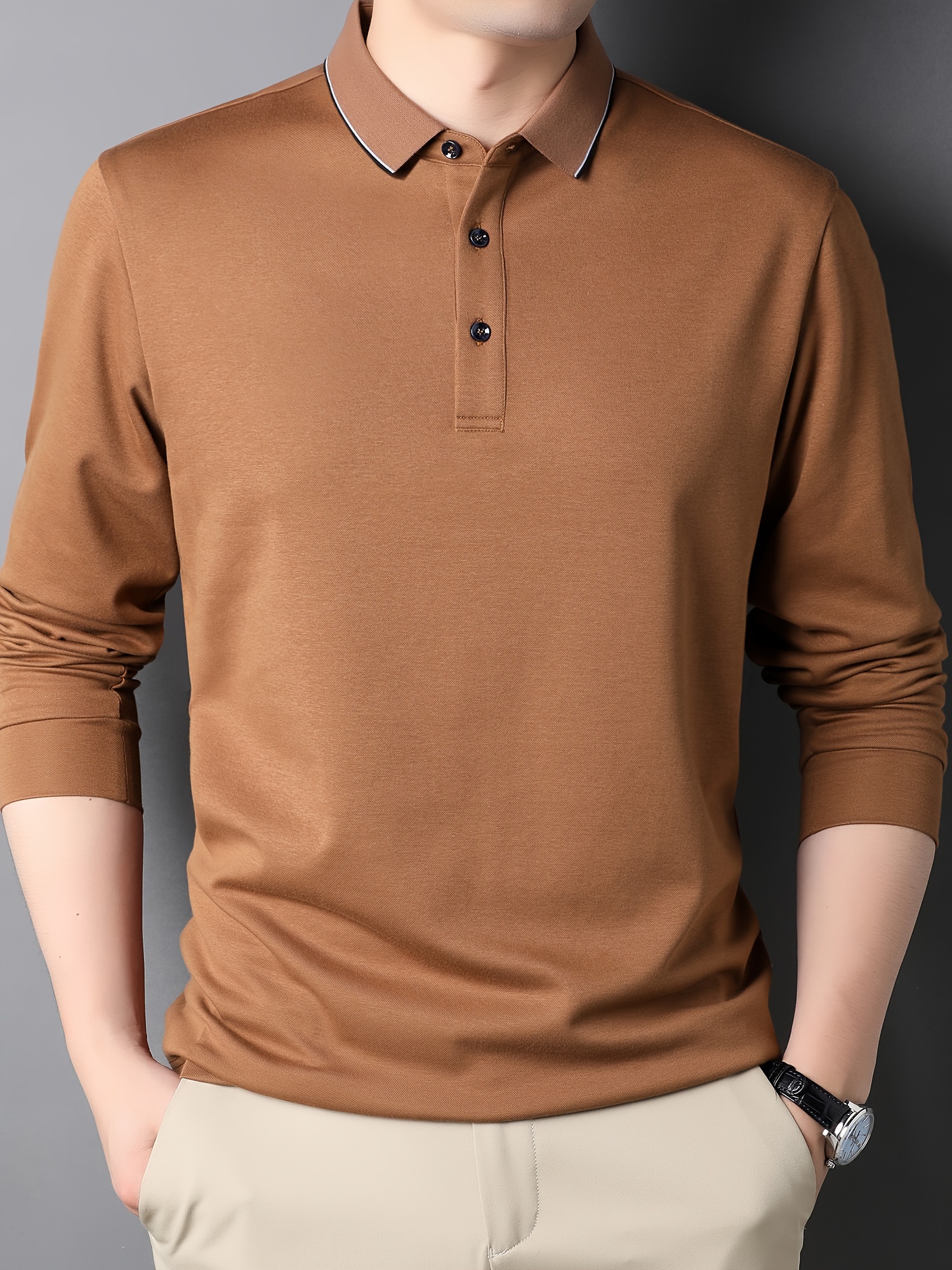 Cotton Blend Men s Casual V-Neck Long Sleeve Rugby Shirt For Spring Autumn, Men s Clothing details 3