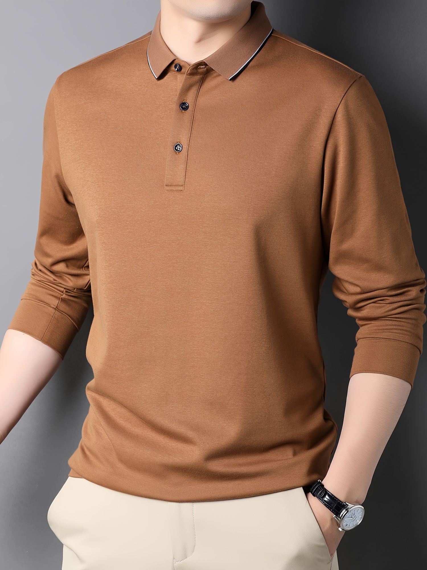 Cotton Blend Men s Casual V-Neck Long Sleeve Rugby Shirt For Spring Autumn, Men s Clothing details 4