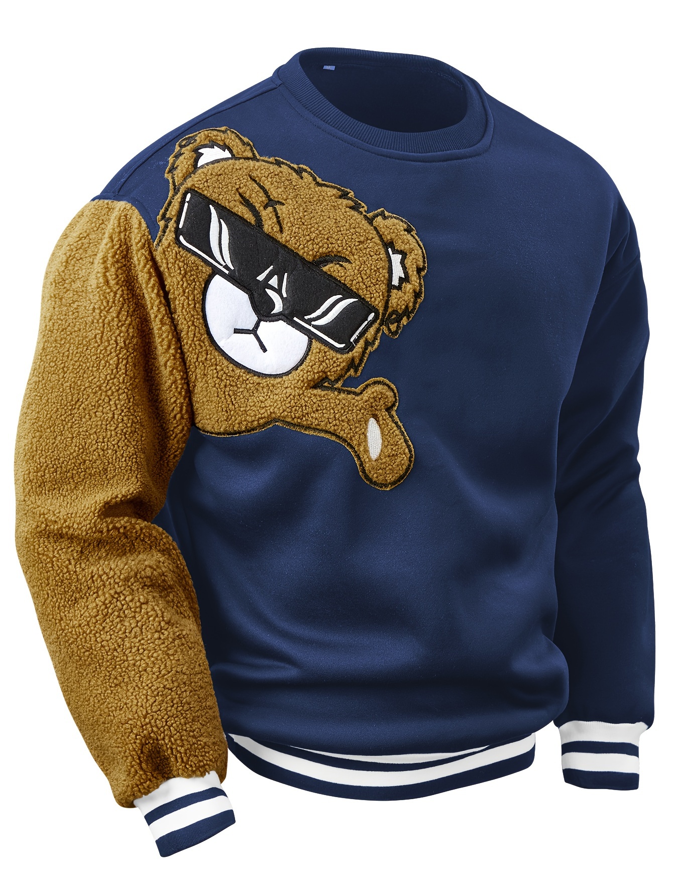 mens cartoon bear embroidery crew neck sweatshirt loose fit sports tops details 4