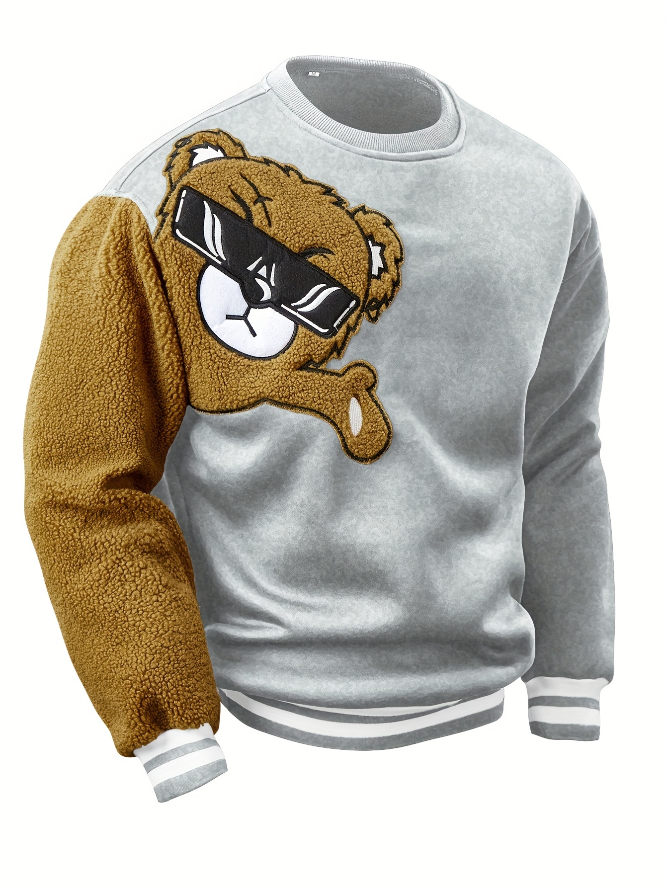 mens cartoon bear embroidery crew neck sweatshirt loose fit sports tops details 16