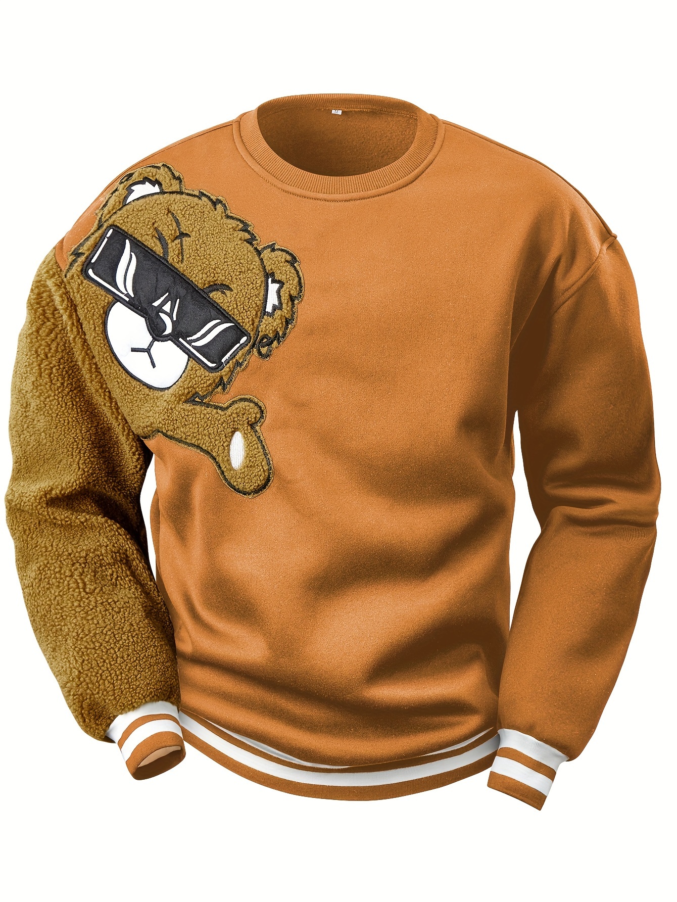 mens cartoon bear embroidery crew neck sweatshirt loose fit sports tops details 24