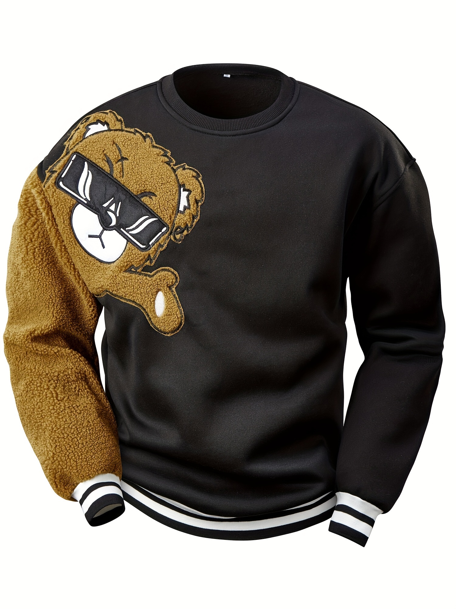 mens cartoon bear embroidery crew neck sweatshirt loose fit sports tops details 45