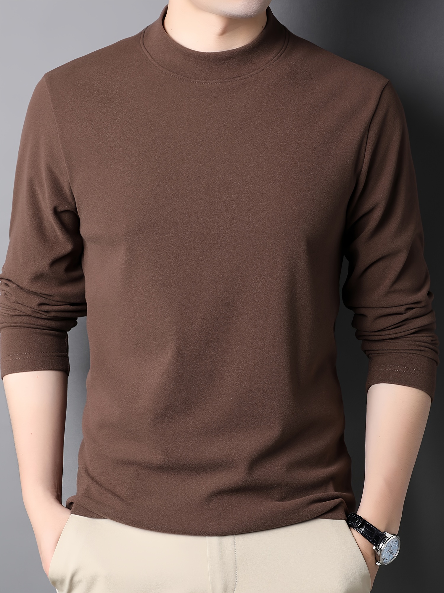 solid mens slim mock neck long sleeve active t shirt tee casual comfy shirts for winter fall mens clothing tops details 11