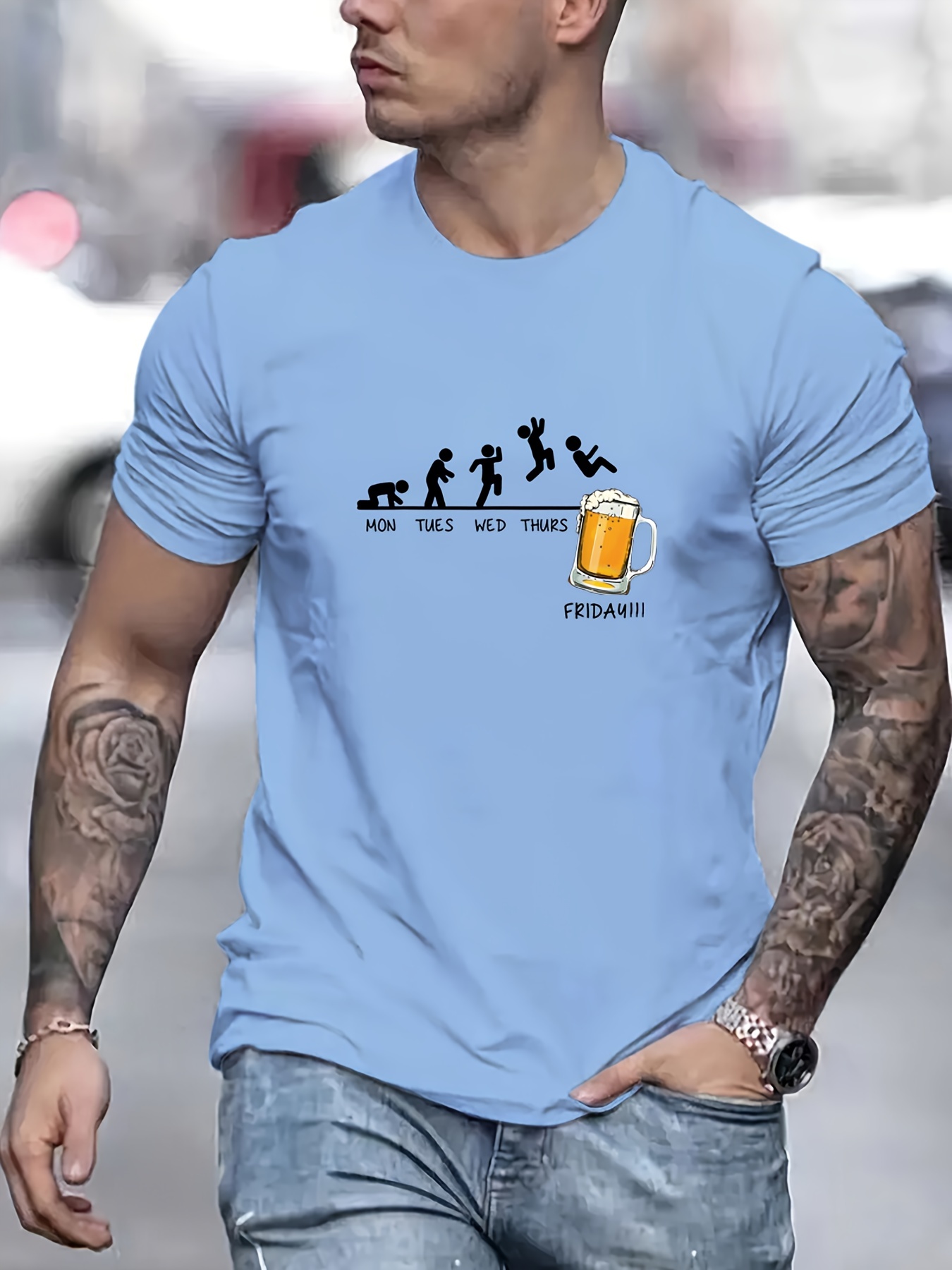 jumping in beer print t shirt mens casual street style stretch round neck tee shirt for summer details 0