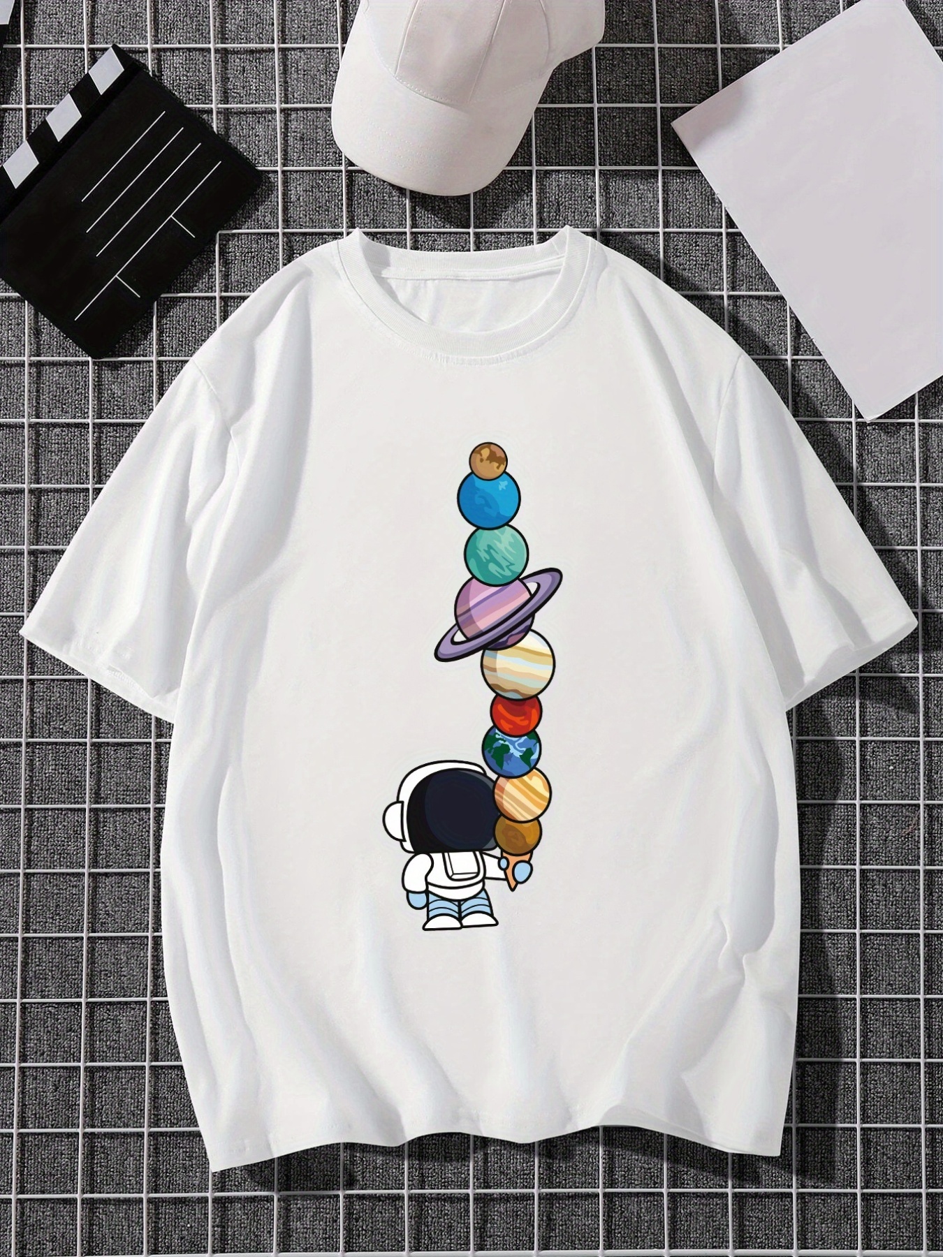 mens cartoon polyester astronaut and planet print tee best sellers details 30