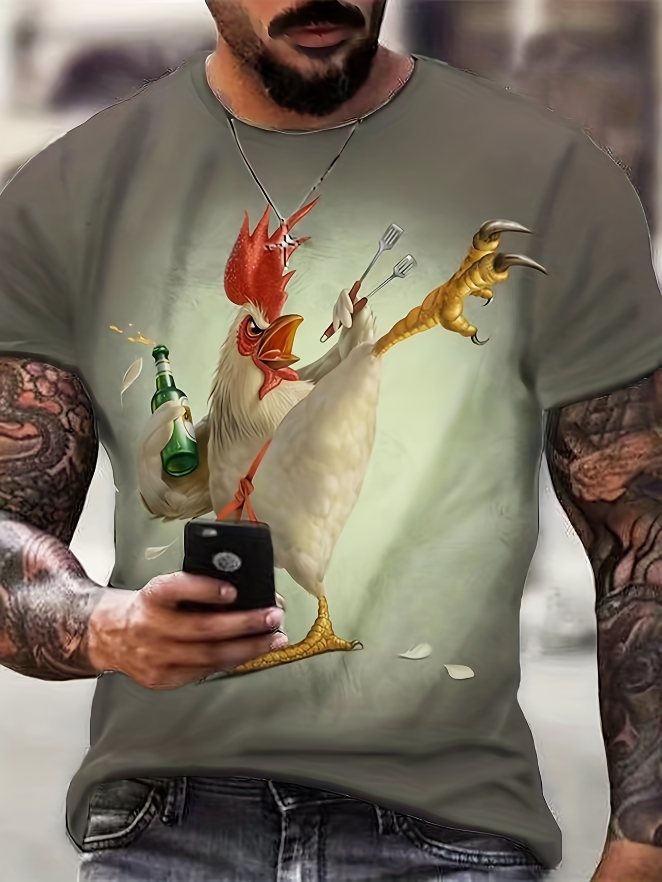 kung fu rooster pattern 3d printt shirt mens casual slightly stretch round neck t shirt for spring summer details 1