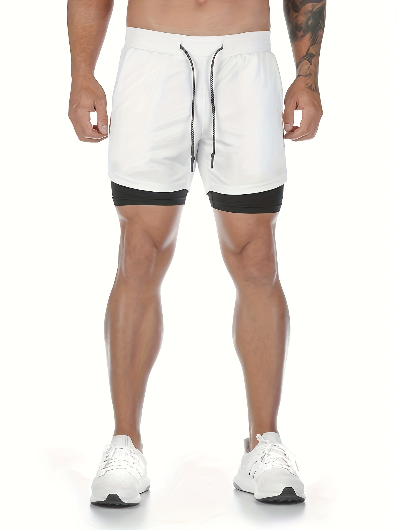 2 in 1 double layer shorts with inner pocket mens mid stretch sports shorts for summer gym workout training details 13