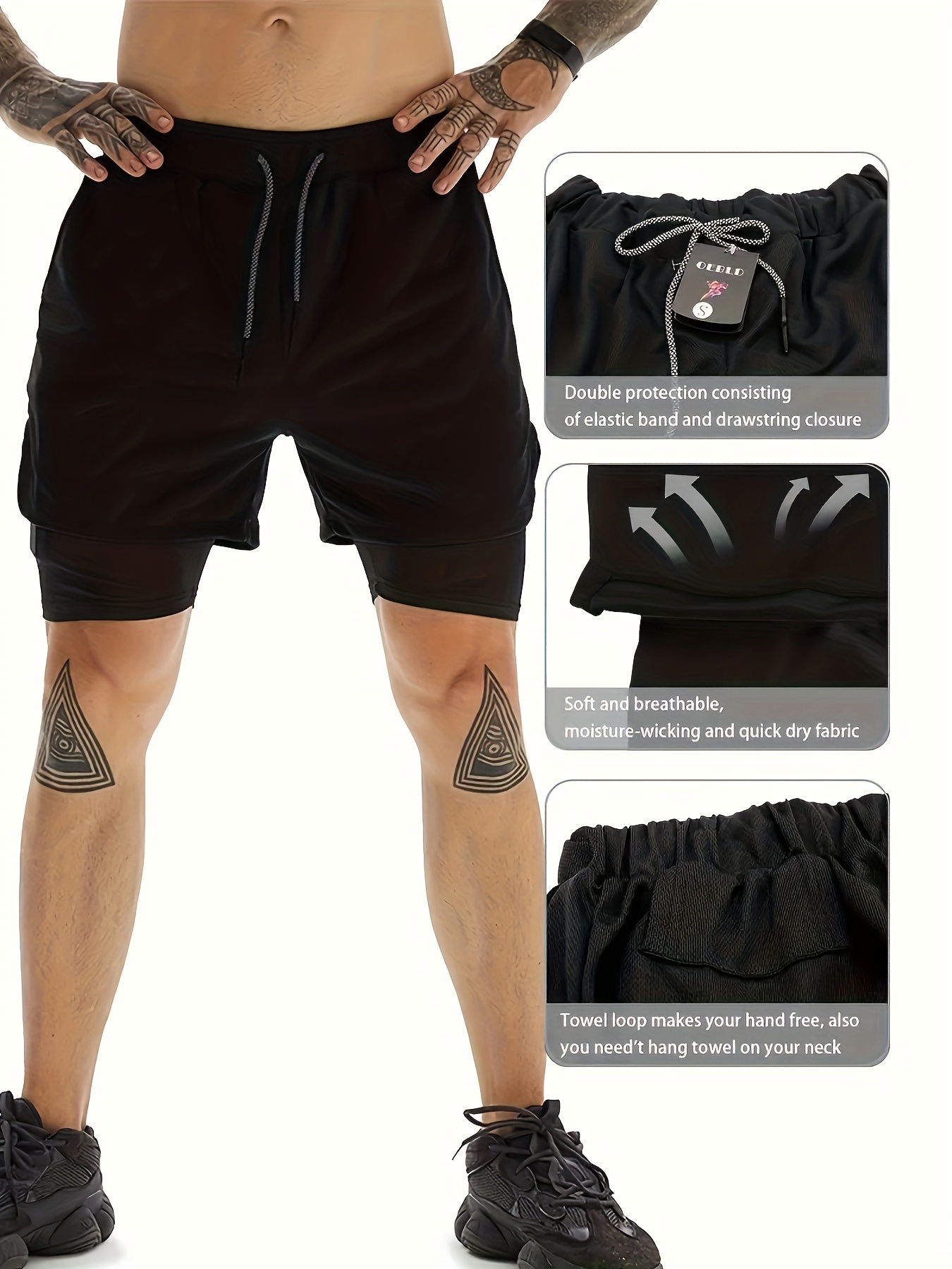 2 in 1 double layer shorts with inner pocket mens mid stretch sports shorts for summer gym workout training details 19