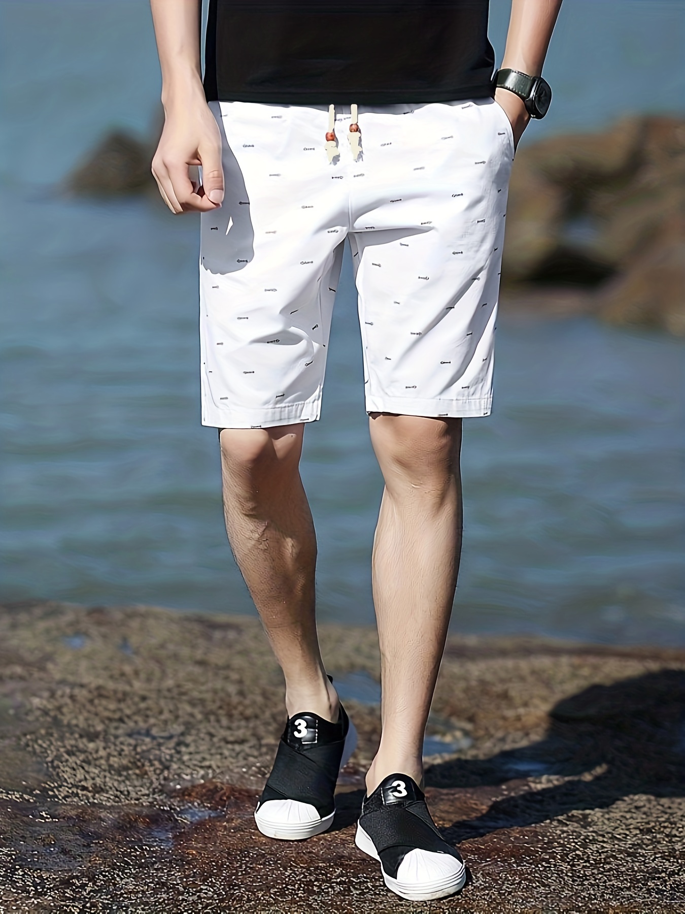 casual cotton slightly stretch fish bone pattern drawstring shorts mens cropped pants for summer details 0