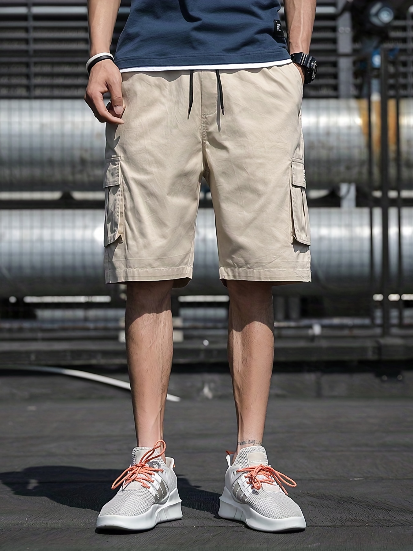 mens multi pocket cargo shorts casual waist drawstring cargo shorts for summer details 7