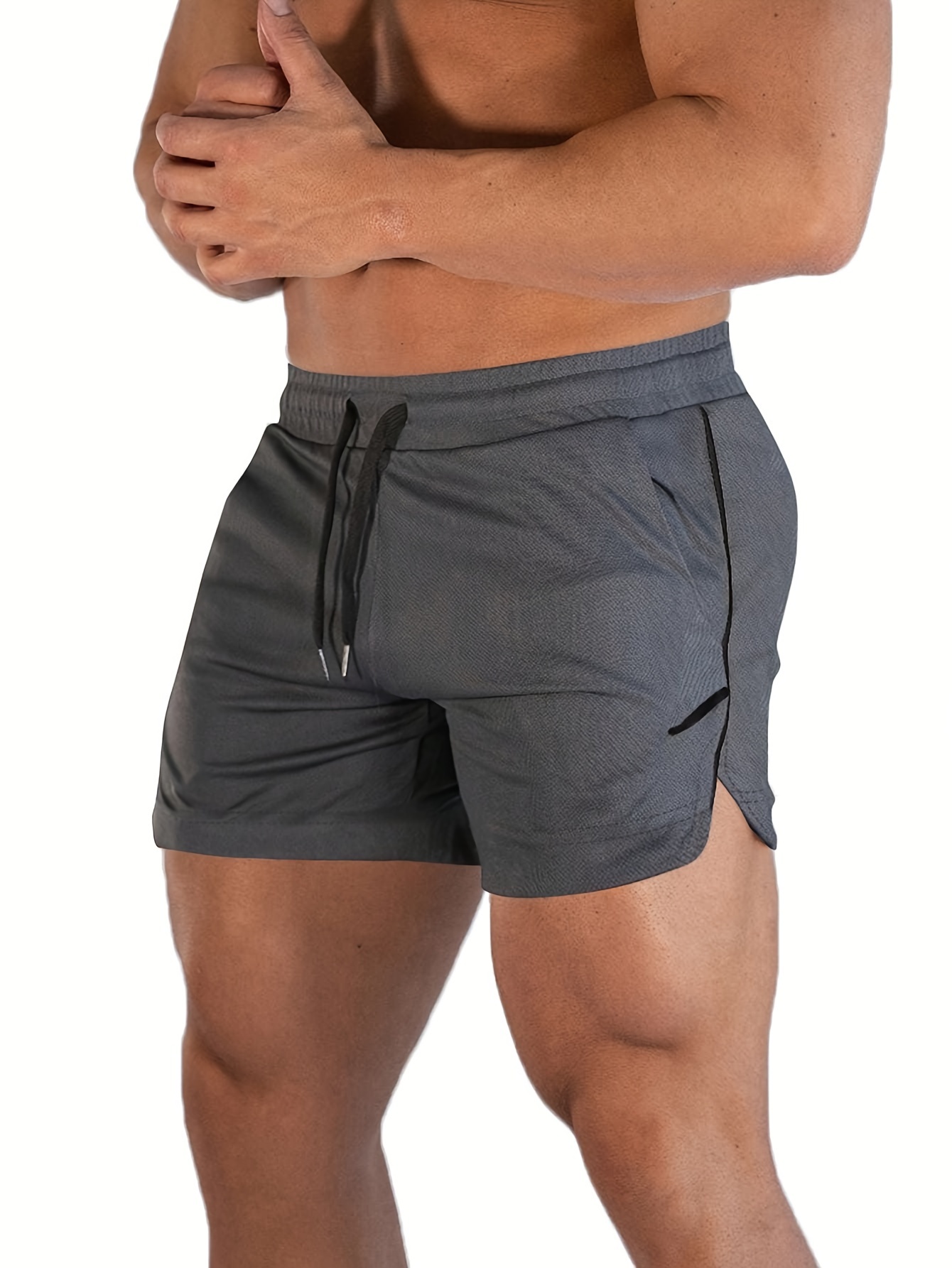 mens breathable solid shorts with pockets summer drawstring elastic waist shorts for running fitness training details 0