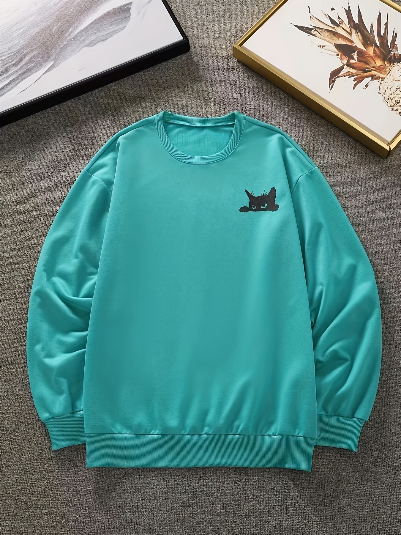 balck cat print sweatshirt mens casual graphic design slightly stretch crew neck pullover sweatshirt for spring fall details 0