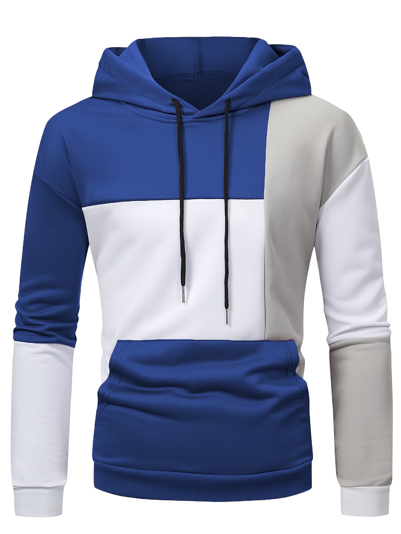 patchwork color block hoodie with kangaroo pocket mens casual solid color slightly stretch drawstring pullover hooded sweatshirt for spring fall details 2