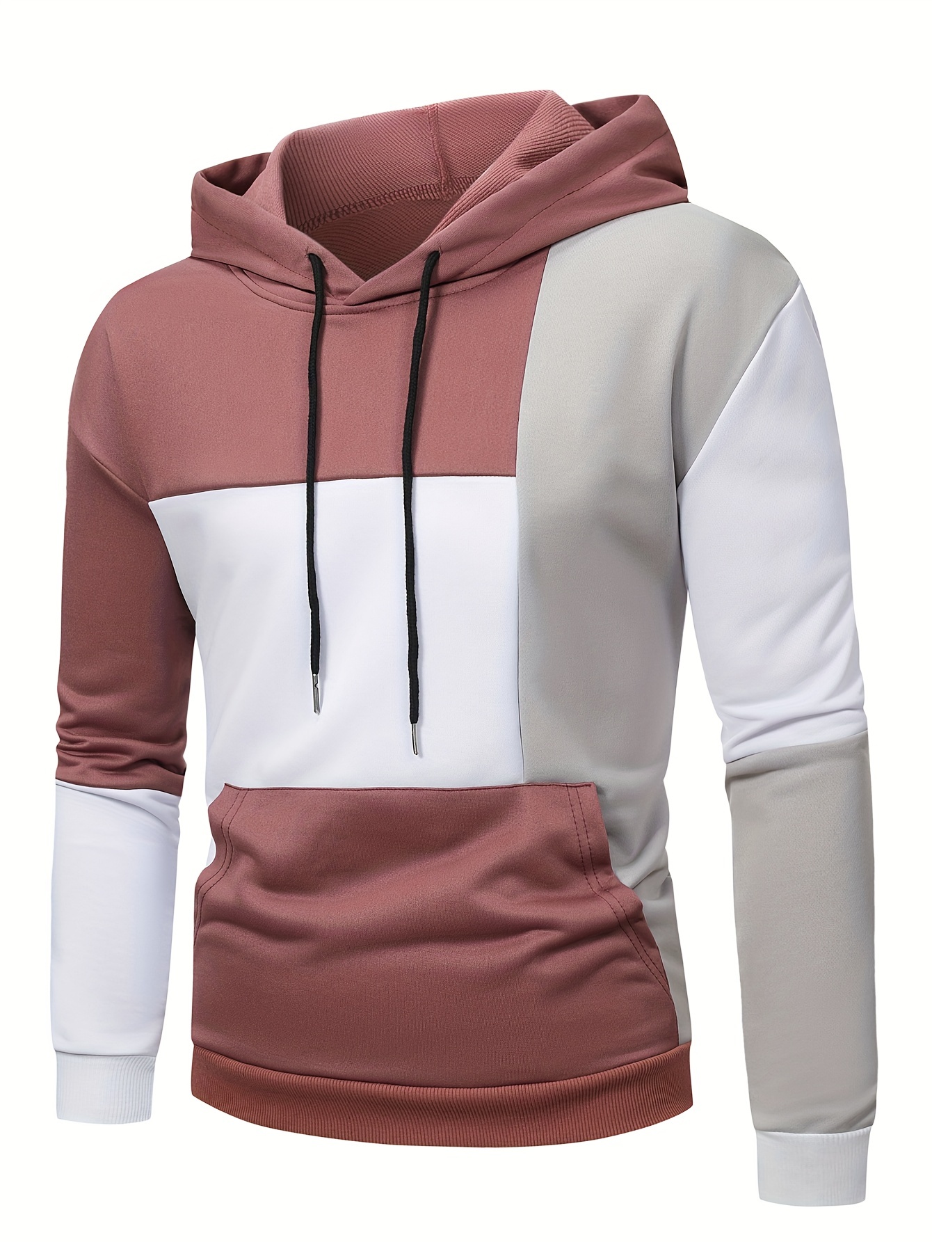 patchwork color block hoodie with kangaroo pocket mens casual solid color slightly stretch drawstring pullover hooded sweatshirt for spring fall details 5