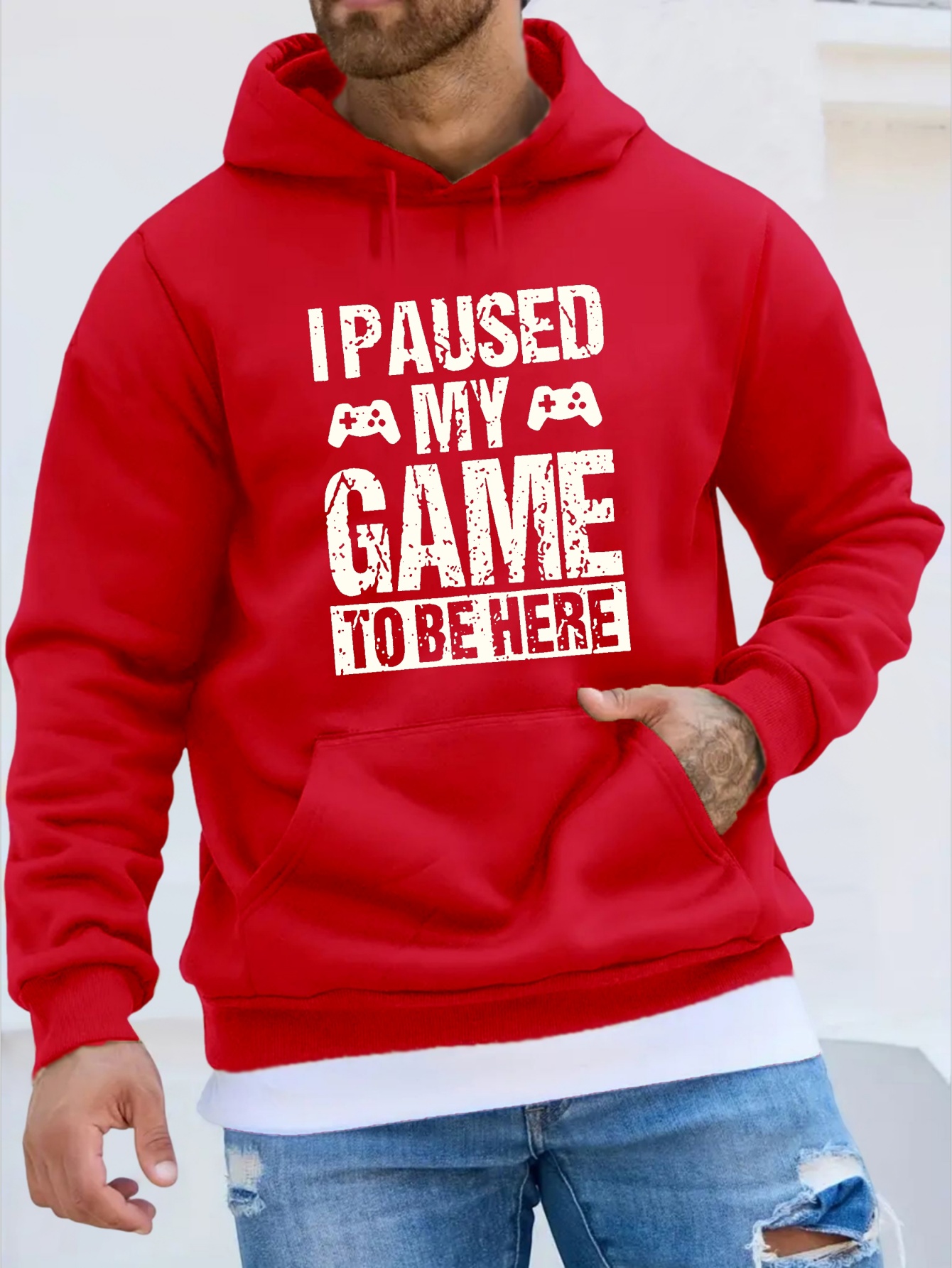 funny i paused my game print hoodie cool hoodies for men mens casual graphic design pullover hooded sweatshirt with kangaroo pocket streetwear for winter fall as gifts details 0