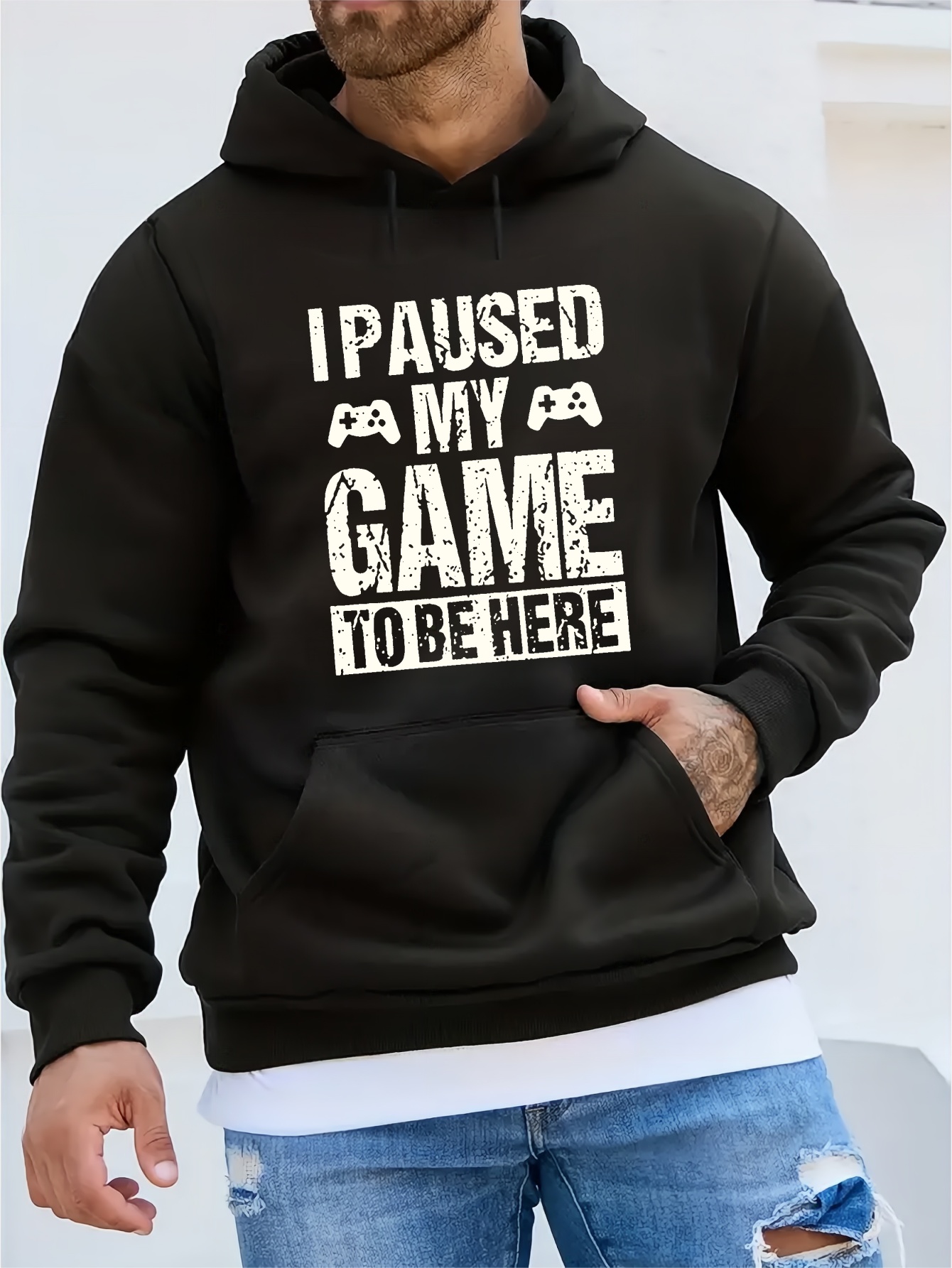 funny i paused my game print hoodie cool hoodies for men mens casual graphic design pullover hooded sweatshirt with kangaroo pocket streetwear for winter fall as gifts details 7