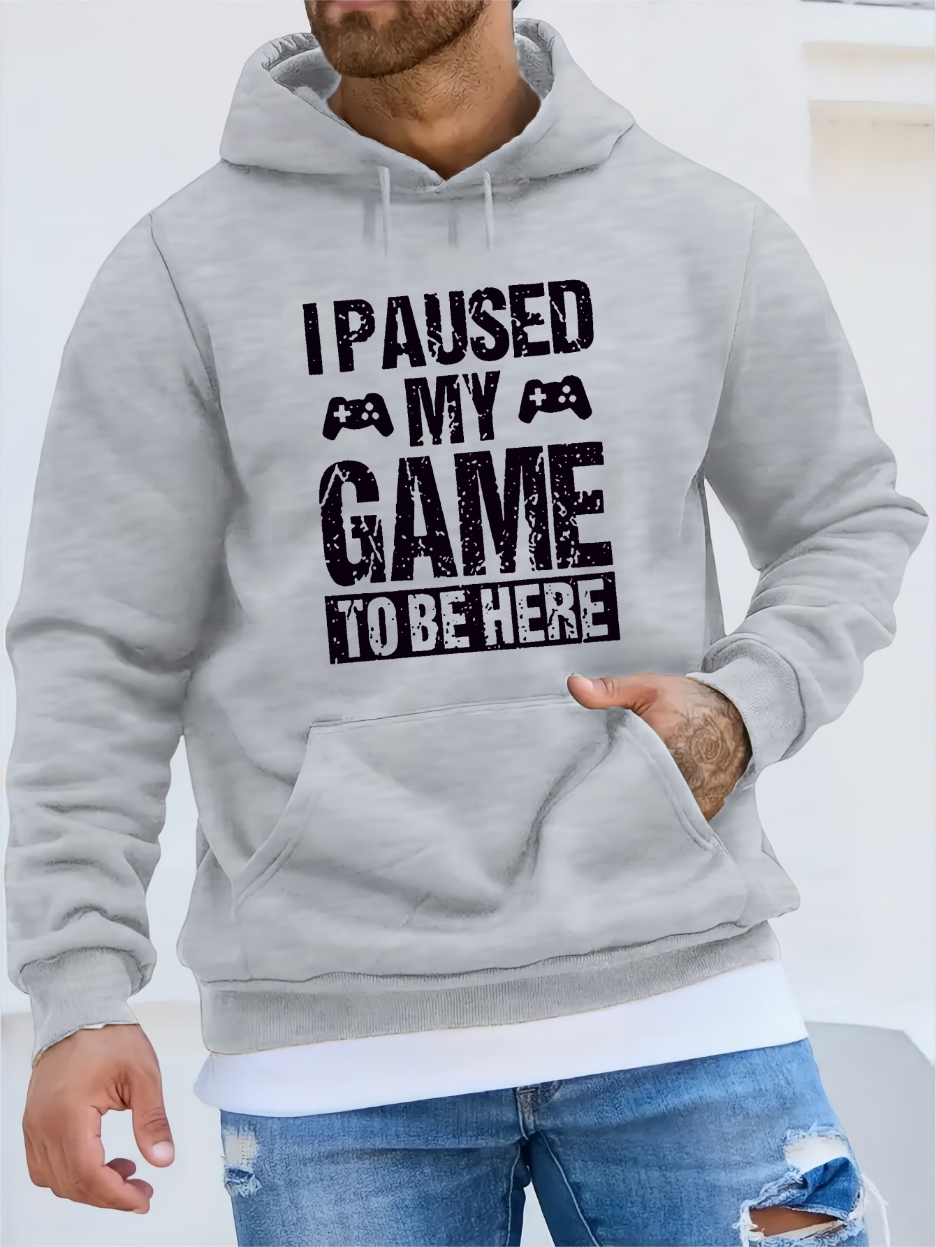 funny i paused my game print hoodie cool hoodies for men mens casual graphic design pullover hooded sweatshirt with kangaroo pocket streetwear for winter fall as gifts details 14